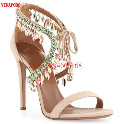 Sandales-de-luxe-lacets-pour-femmes-couleur-mixte-franges-en-cristal-dos-ouvert-bretelles-la-mode