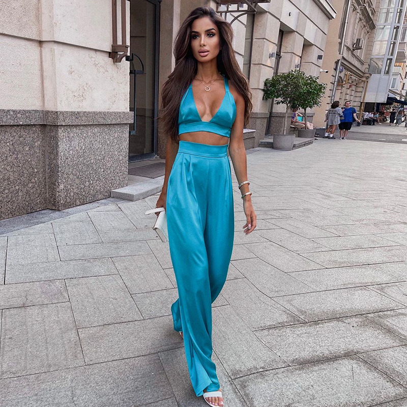 Gilet-en-soie-Sexy-lacets-et-col-licou-sac-taille-haute-pantalon-jambes-larges-costume-deux