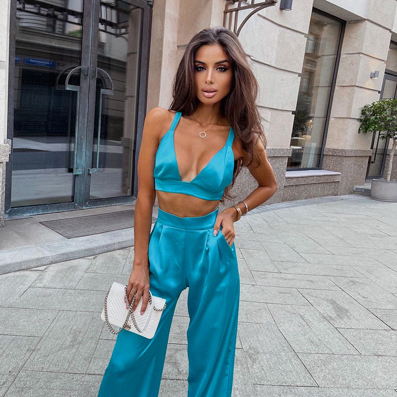 Gilet-en-soie-Sexy-lacets-et-col-licou-sac-taille-haute-pantalon-jambes-larges-costume-deux