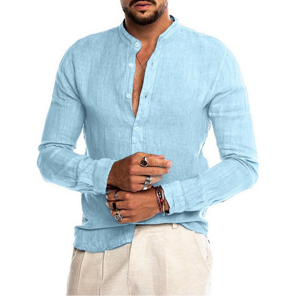 Chemises-manches-longues-pour-hommes-en-coton-et-lin-couleur-unie-col-montant-d-contract-Style