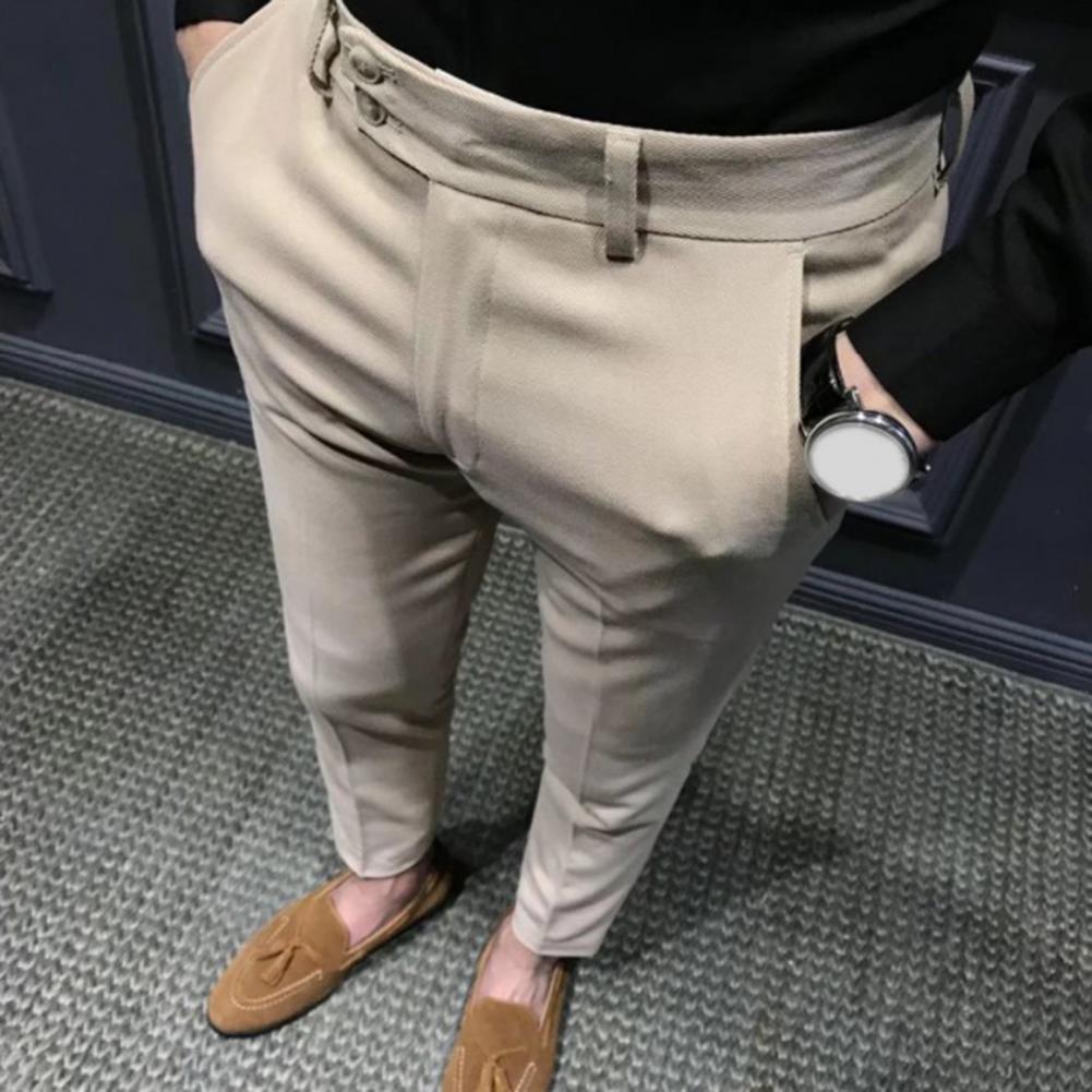 Pantalon-droit-pour-hommes-d-affaires-couleur-unie-longueur-cheville-tissu-doux-Slim-Fit-fermeture-clair
