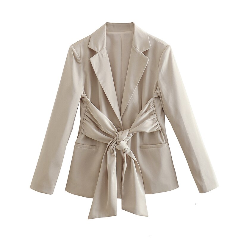 Blazer-taille-haute-lastique-manches-longues-la-age-avec-n-ud-papillon-soie-Texture-satin-e