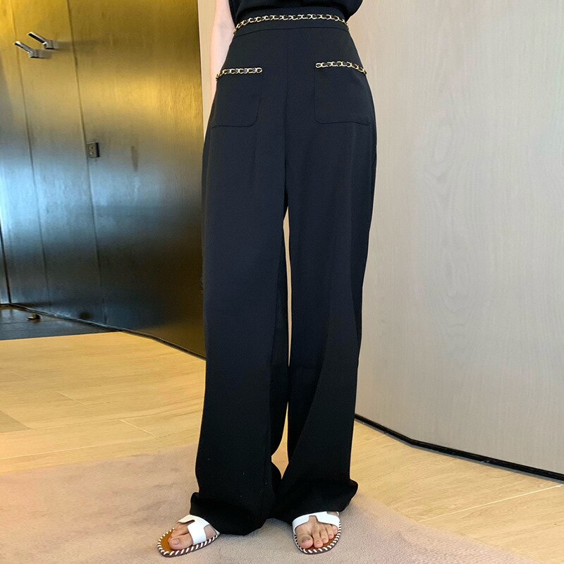 Ensemble-deux-pi-ces-pour-femmes-noir-l-gant-haut-sans-manches-avec-cha-ne-en
