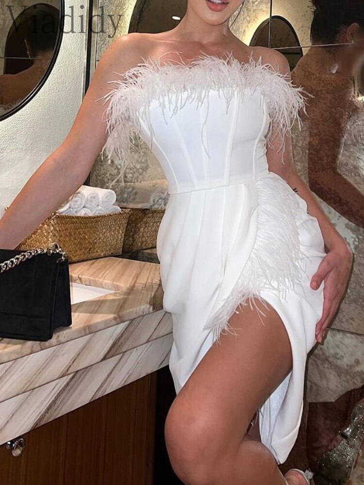Robe-de-soir-e-Sexy-en-plumes-pour-femmes-Corset-avec-fente-lat-rale-Bandeau