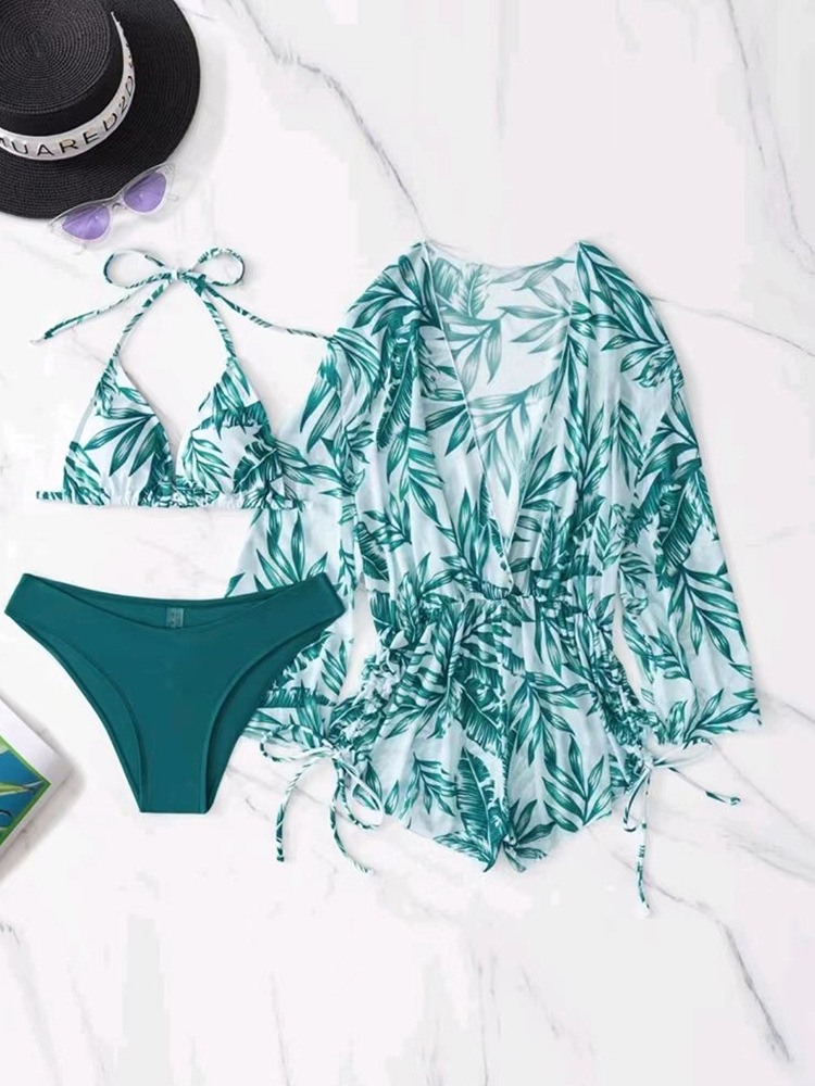 Robe-de-plage-Triangle-imprim-Sexy-col-licou-soutien-gorge-Push-Up-manches-longues-avec-culotte