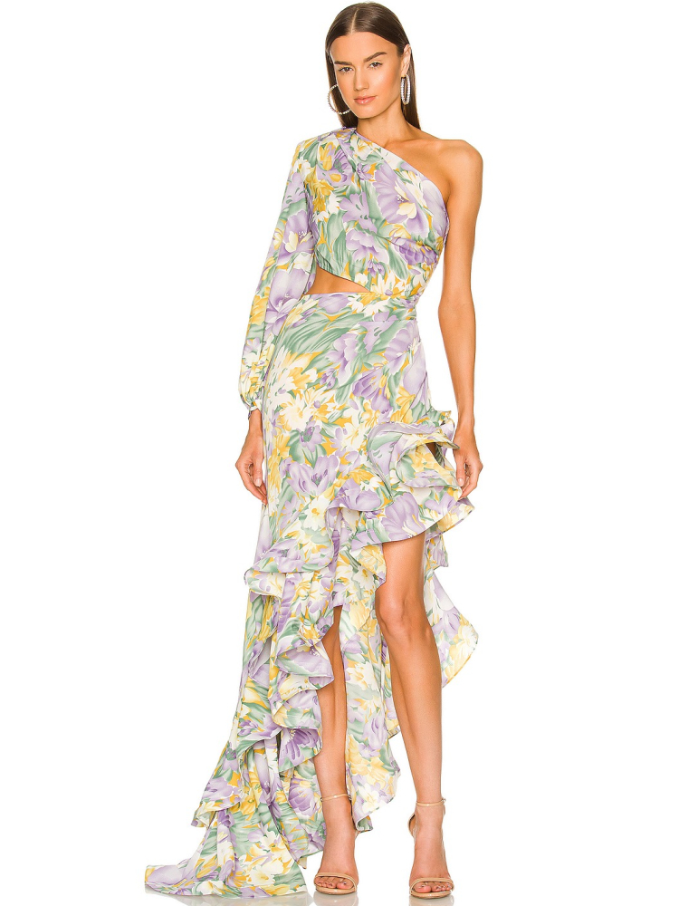 Robe-longue-Sexy-volants-irr-guliers-asym-trique-paule-inclin-e-motif-Floral-tenue-de-soir