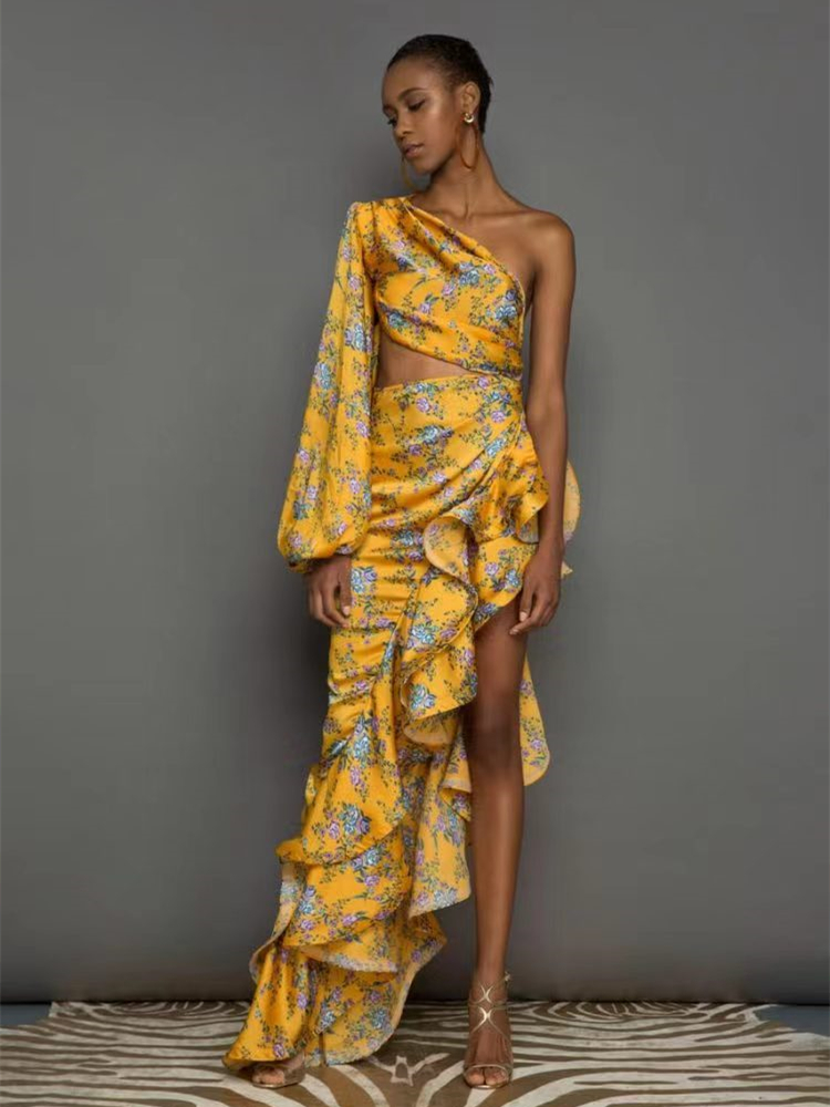 Robe-longue-Sexy-volants-irr-guliers-asym-trique-paule-inclin-e-motif-Floral-tenue-de-soir