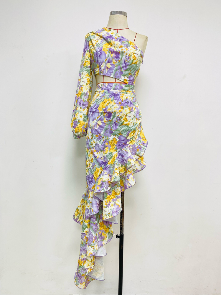 Robe-longue-Sexy-volants-irr-guliers-asym-trique-paule-inclin-e-motif-Floral-tenue-de-soir