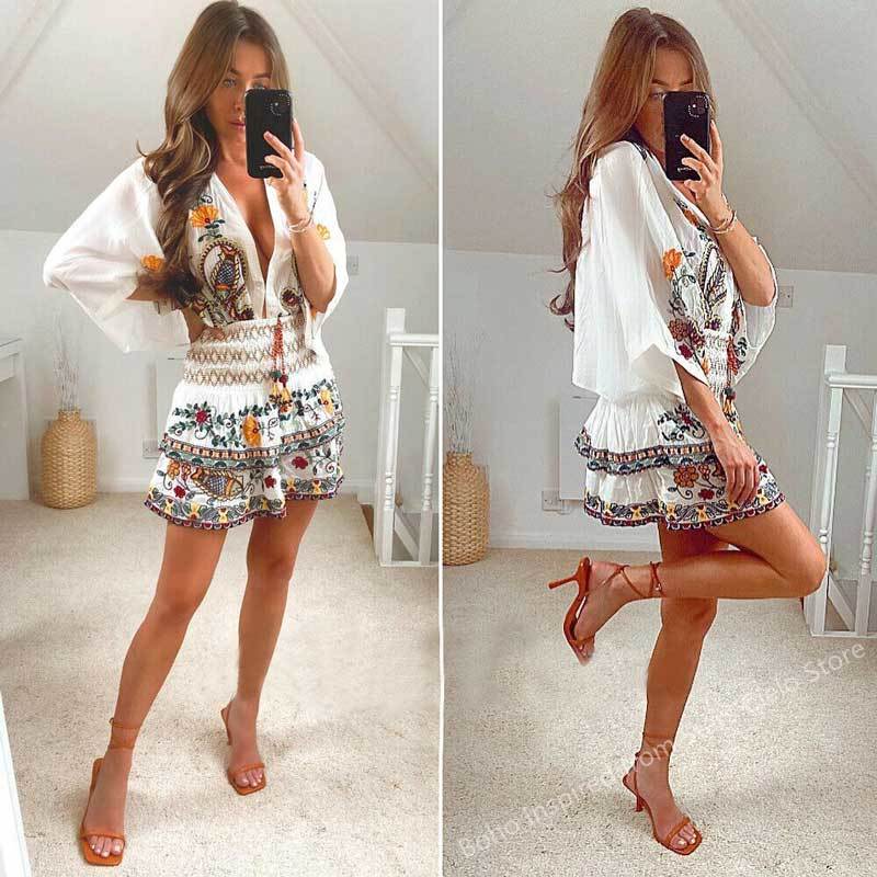 Robe-brod-e-florale-style-BOHO-col-en-v-manches-chauve-souris-taille-lastique-pliss-e