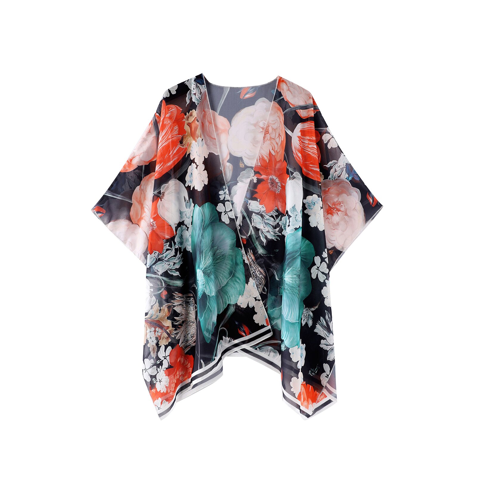 Cardigan-manches-Kimono-en-mousseline-de-soie-pour-femmes-imprim-floral-ample-noir-Cover-Up-pour