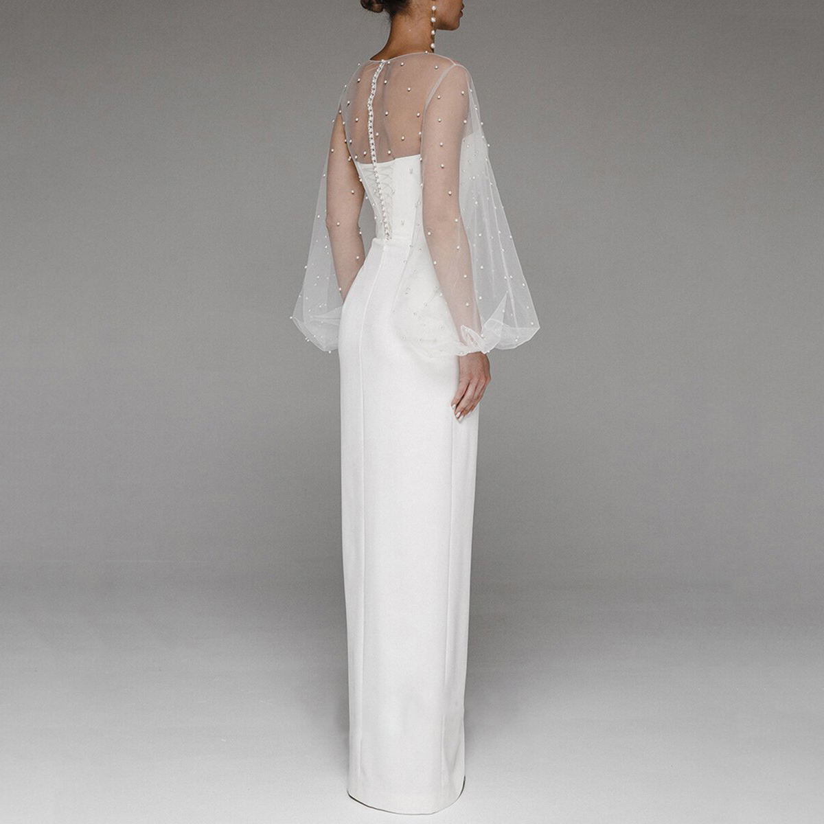 Robe-de-soir-e-Maxi-sans-bretelles-l-gante-moulante-blanche-Sexy-manches-lanternes-pour-les
