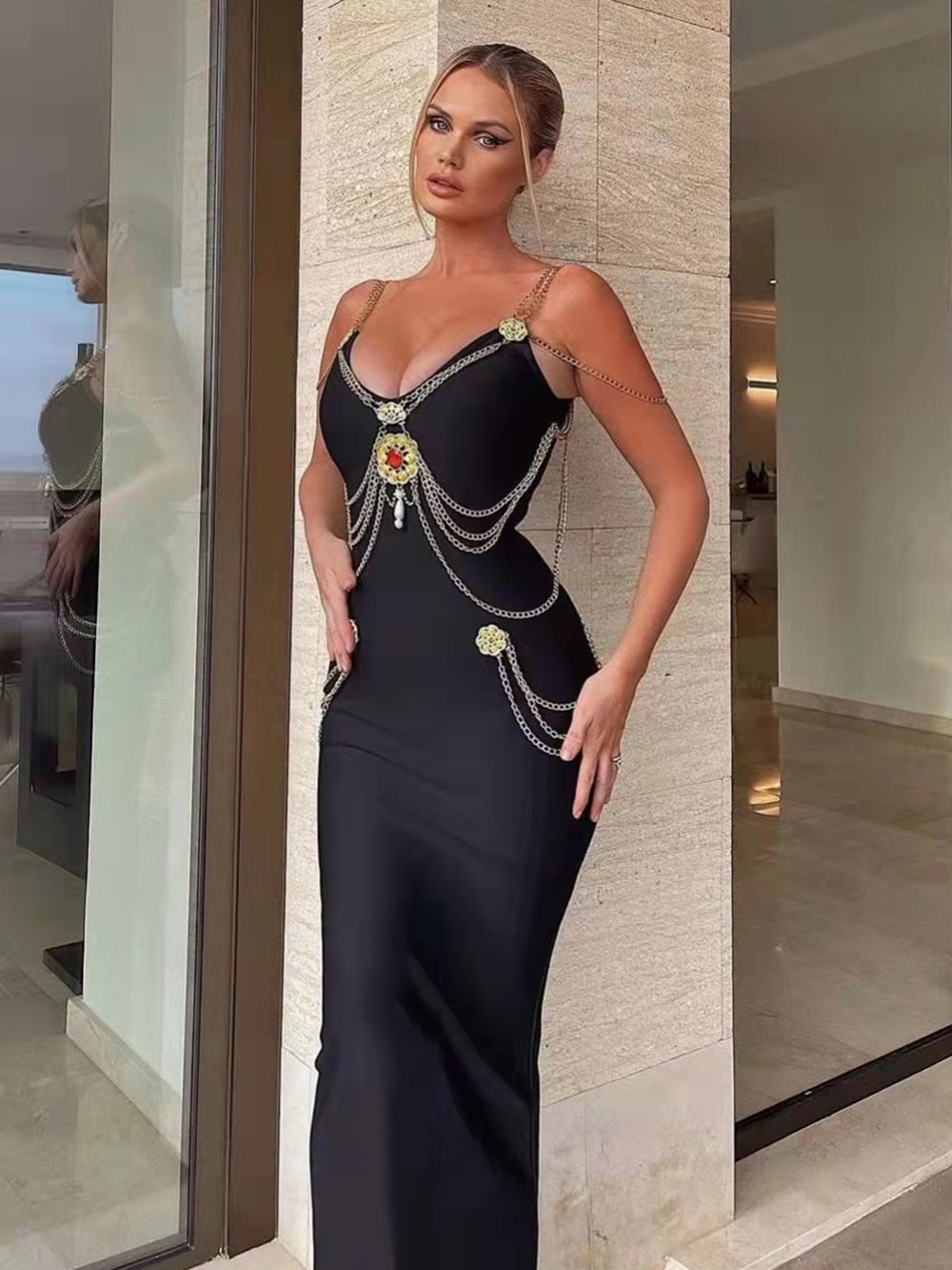 Robe-de-soir-e-noire-et-longue-bandes-fendues-pour-femme-collection-d-t-avec-cha