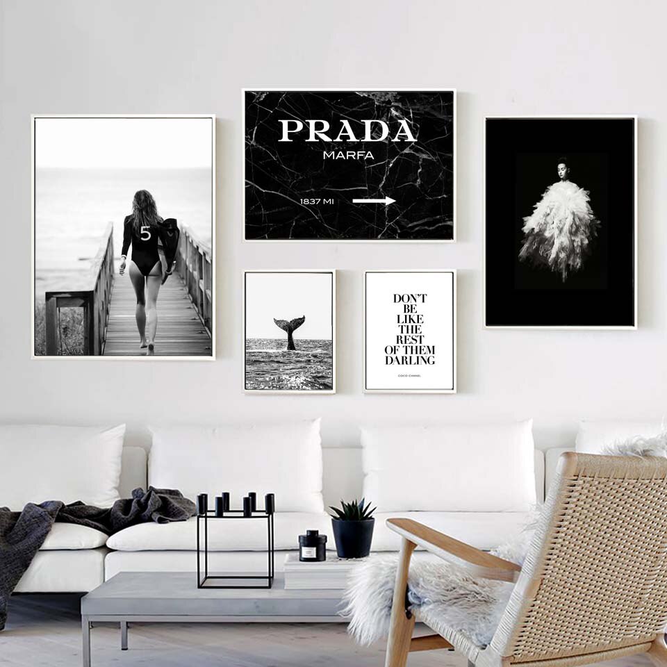 Affiche-de-peinture-sur-toile-de-no-l-mode-Surf-femme-lettre-murale-nordique-Art-noir