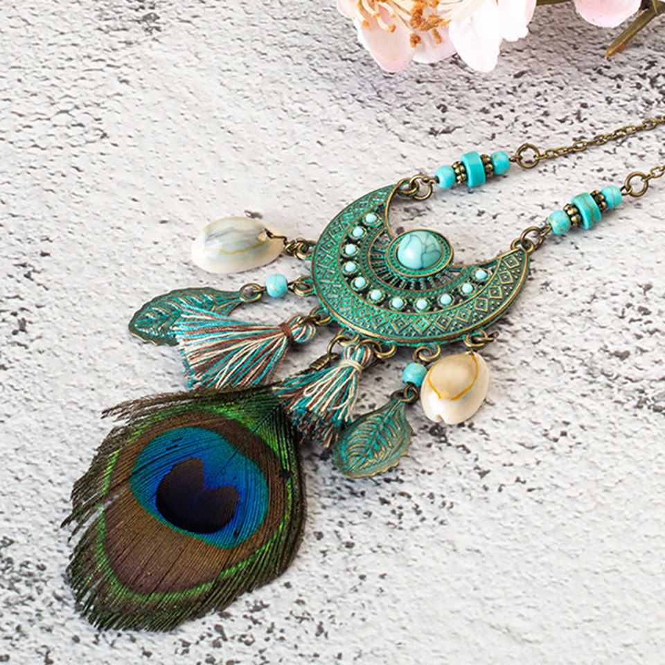 Nouveau-style-Tassel-Peacock-Plume-Boh-me-Long-Collier-Shell-Pull-En-Cuir-Cha-ne-Bijoux