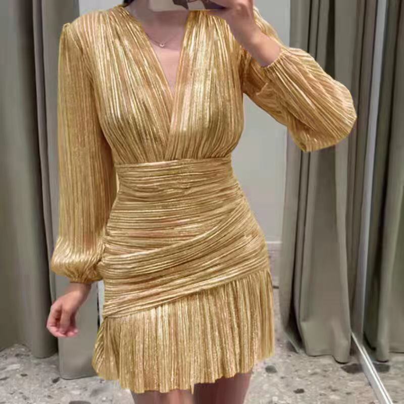 Robe-moulante-pliss-e-manches-longues-pour-femmes-v-tements-d-t-Sexy-couleur-unie-taille