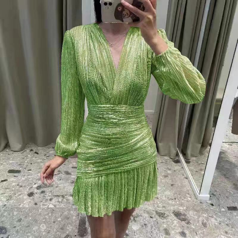 Robe-moulante-pliss-e-manches-longues-pour-femmes-v-tements-d-t-Sexy-couleur-unie-taille