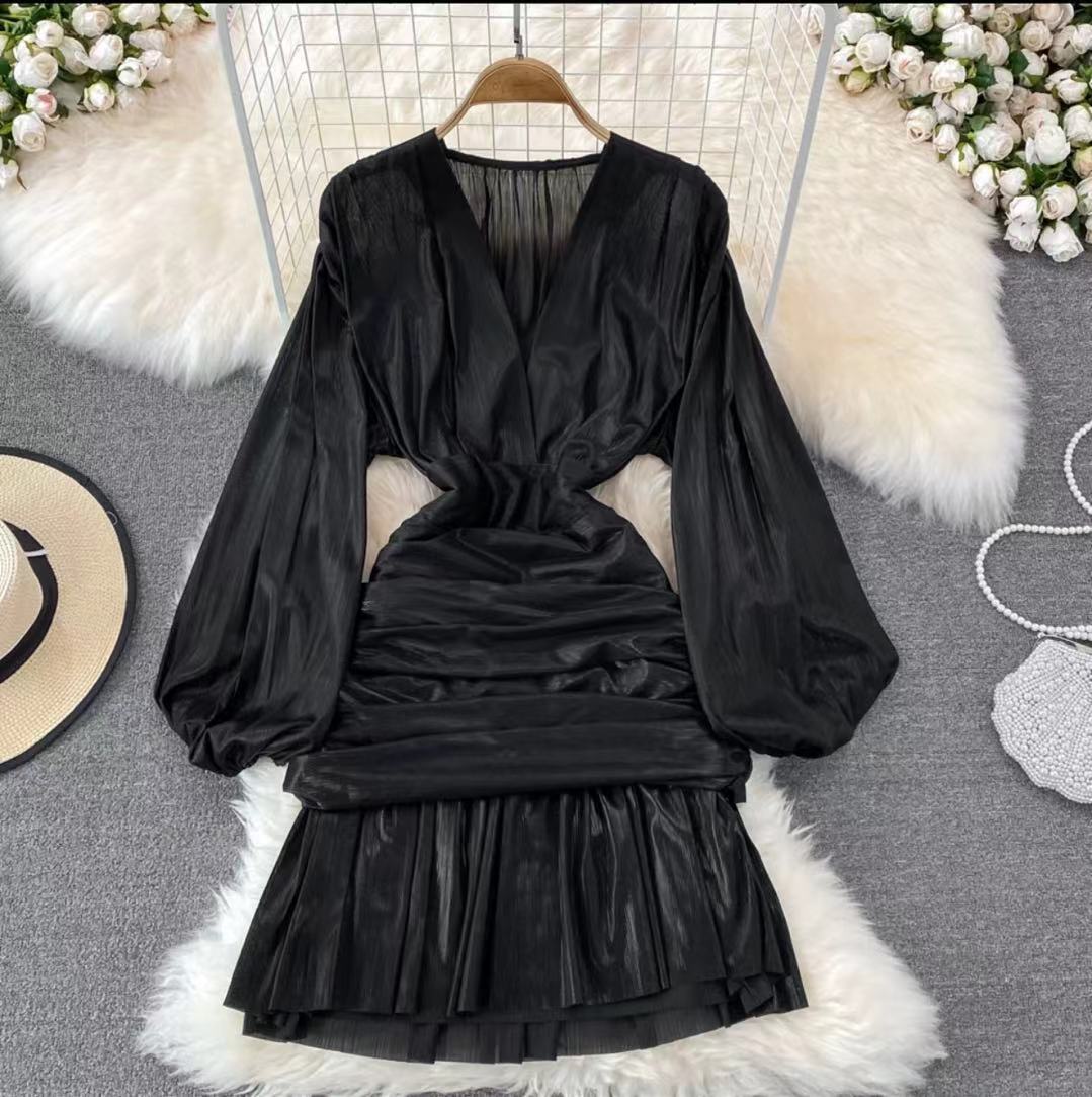 Robe-moulante-pliss-e-manches-longues-pour-femmes-v-tements-d-t-Sexy-couleur-unie-taille