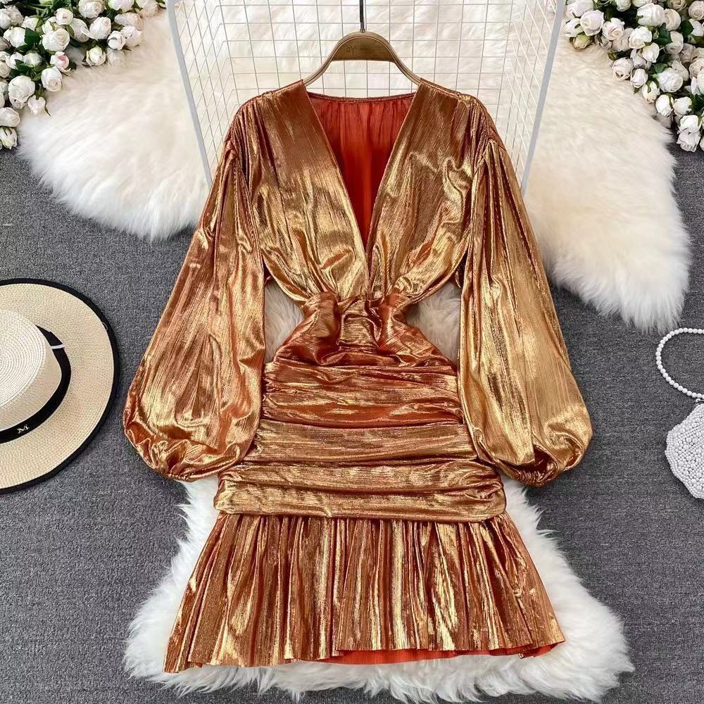 Robe-moulante-pliss-e-manches-longues-pour-femmes-v-tements-d-t-Sexy-couleur-unie-taille
