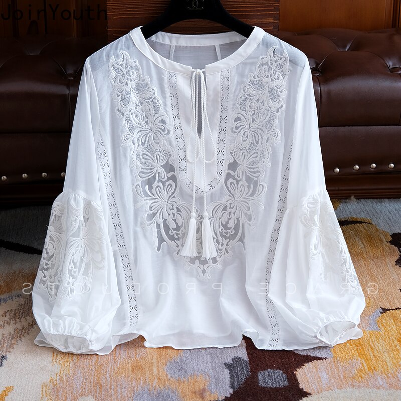 Chemisier-brod-manches-lanternes-pour-femmes-haut-ample-en-dentelle-blanche-l-gant-t-2023