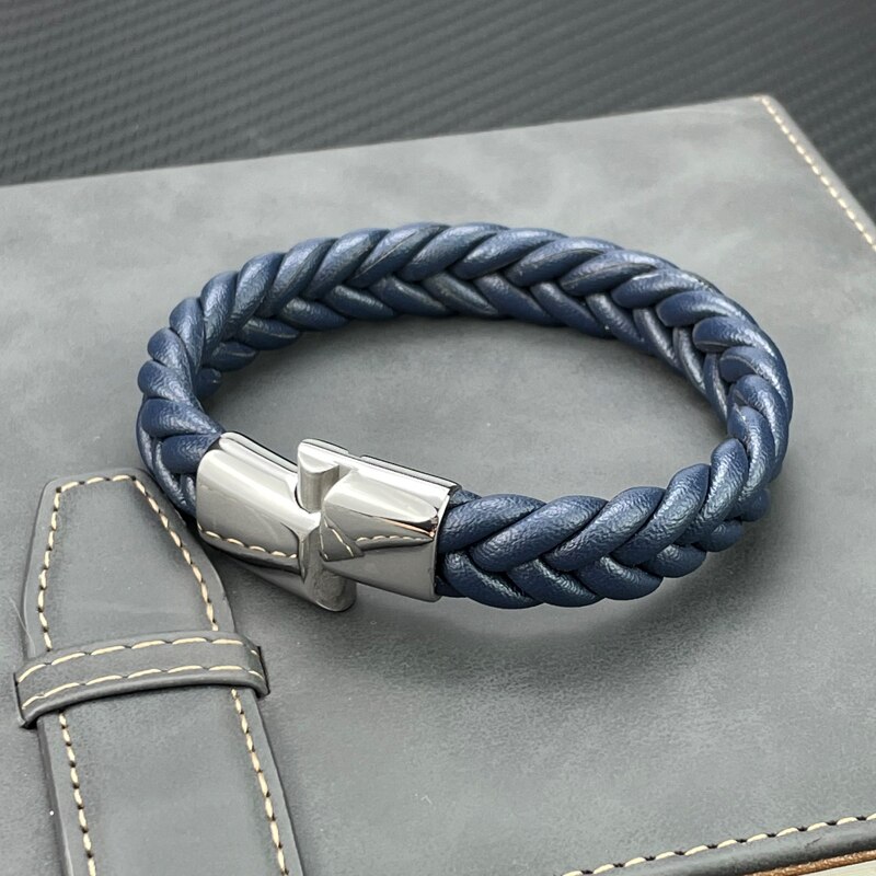 Bracelet-en-cuir-tress-pour-hommes-Punk-noir-marron-rouge-bleu-fermoir-magn-tique-en-acier
