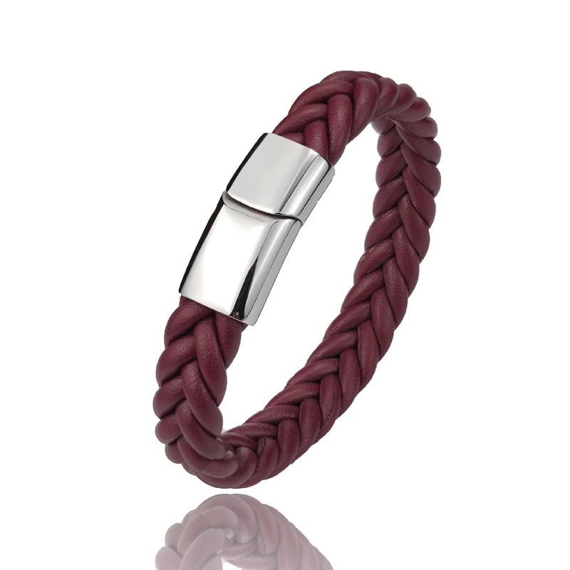 Bracelet-en-cuir-tress-pour-hommes-Punk-noir-marron-rouge-bleu-fermoir-magn-tique-en-acier