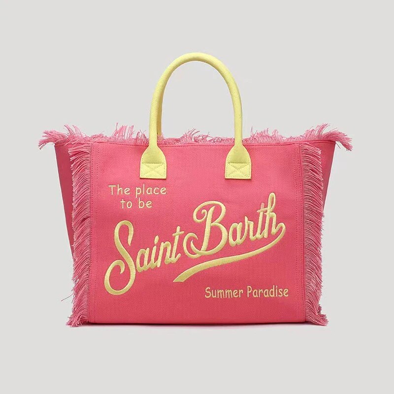 Sac-main-en-toile-avec-pompon-imprim-Saint-Barth-sac-de-voyage-grande-capacit-vacances-de