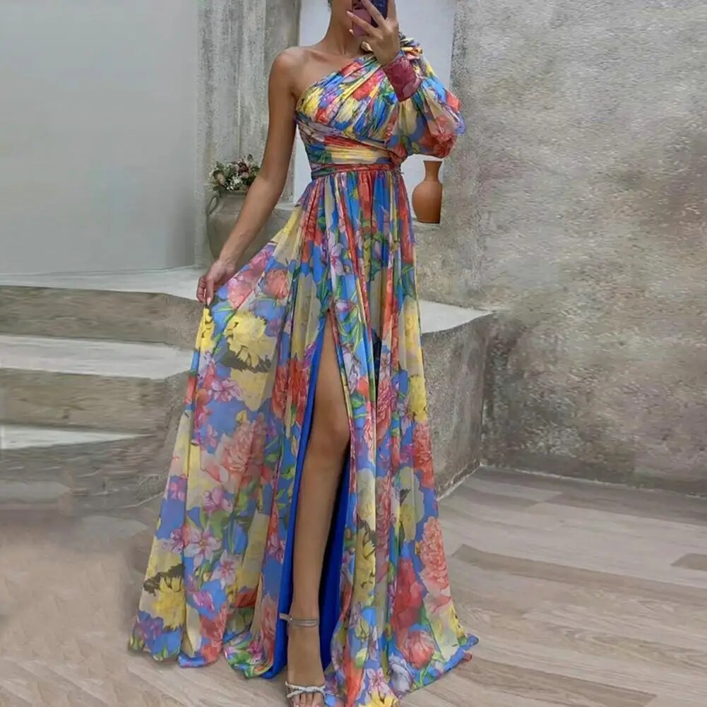Robe-maxi-pliss-e-imprim-floral-avec-ourlet-fendu-sur-le-c-t-robe-manches-simples