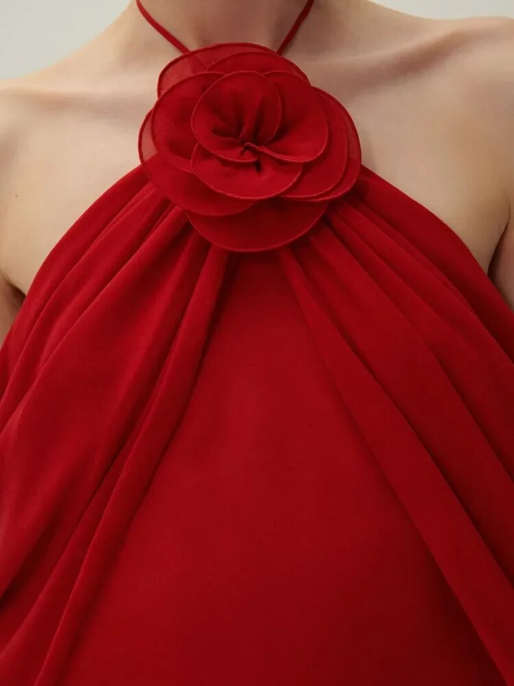 Robe-de-Soir-e-Rouge-pour-Femme-Tenue-de-Styliste-Longueur-Rinc-e-Col-Licou-Appliques