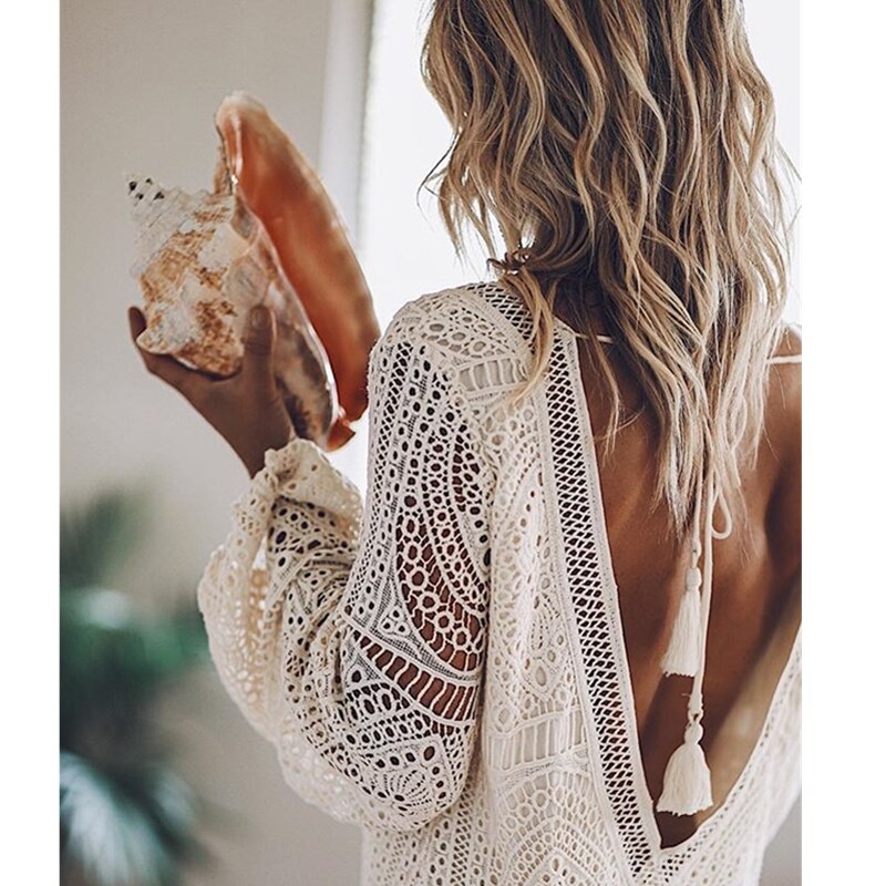 Robe-de-plage-blanche-manches-longues-style-Boho-dos-nu-d-collet-en-V-profond-avec