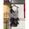 Robe-de-soir-e-moulante-noire-Mini-plumes-col-en-v-la-mode-de-haute-qualit