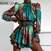 Robe-trap-ze-Chic-pour-femmes-imprim-avec-motif-abstrait-manches-lanternes-col-roul-ceintures-Mini
