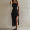 Robe-de-soir-e-mi-longue-franges-noires-Sexy-moulante-sans-manches-l-gante-blanche-dos
