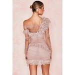 Mini-robe-bandes-rose-Sexy-col-en-V-manches-longues-l-gante-en-dentelle-moulante-soir