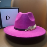 Chapeau-Fedora-en-feutre-pour-Femme-casquette-chaude-Jazz-Vintage-avec-feuilles-ceinture-en-m-tal