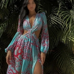 Robe-de-soir-e-Sexy-bleue-col-en-v-dos-nu-ajour-e-manches-lanternes-bo