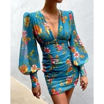 Robe-fronc-e-Sexy-d-collet-en-V-profond-imprim-Floral-manches-longues-lanterne-fronc-e