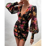 Robe-fronc-e-Sexy-d-collet-en-V-profond-imprim-Floral-manches-longues-lanterne-fronc-e