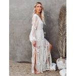 Robe-de-plage-en-dentelle-brod-e-manches-longues-et-col-en-v-ajour-Maxi-blanche