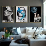 Affiche-de-femmes-avec-papillon-bleu-noir-et-blanc-image-imprim-e-toile-d-art-murale