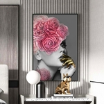 Peinture-l-huile-sur-toile-de-femmes-en-or-fleur-moderne-sur-la-t-te-affiche
