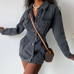 Robe-courte-en-Denim-pour-femme-Vintage-ann-es-90-couleur-unie-manches-longues-revers-simple