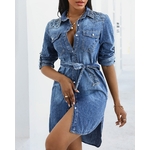 Robe-en-Jean-manches-longues-et-col-rabattu-pour-femme-tenue-crayon-boutons-Slim-Fit-en