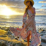 TEELYNN-robe-de-plage-Maxi-pour-femmes-manches-longues-style-Boho-Vintage-bleu-imprim-Floral-col