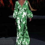 Robe-longue-imprim-e-manches-lanternes-d-collet-en-V-profond-taille-haute-d-contract-e