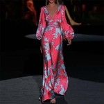 Robe-longue-imprim-e-manches-lanternes-d-collet-en-V-profond-taille-haute-d-contract-e
