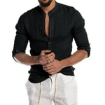 Chemises-manches-longues-pour-hommes-en-coton-et-lin-couleur-unie-col-montant-d-contract-Style