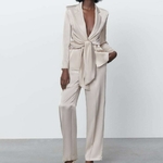 Blazer-taille-haute-lastique-manches-longues-la-age-avec-n-ud-papillon-soie-Texture-satin-e