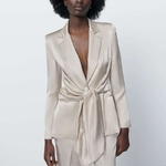 Blazer-taille-haute-lastique-manches-longues-la-age-avec-n-ud-papillon-soie-Texture-satin-e