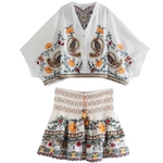 Robe-brod-e-florale-style-BOHO-col-en-v-manches-chauve-souris-taille-lastique-pliss-e