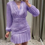 Robe-moulante-pliss-e-manches-longues-pour-femmes-v-tements-d-t-Sexy-couleur-unie-taille